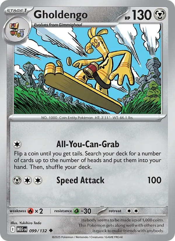 Gholdengo 099/132 Mega Evolution Pokémon card, Uncommon, front scan