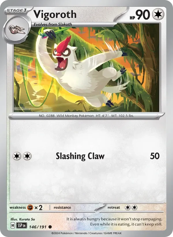 Vigoroth 146/191 Surging Sparks Pokémon card, Common, front scan