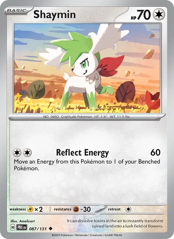 Shaymin 087/131 Prismatic Evolutions Pokémon card, Uncommon, front scan