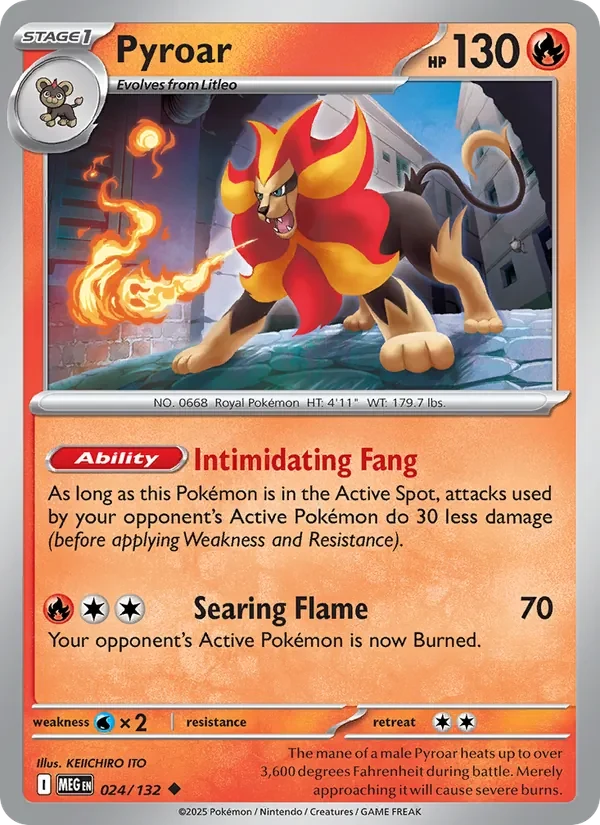 Pyroar 024/132 Mega Evolution Pokémon card, Uncommon, front scan