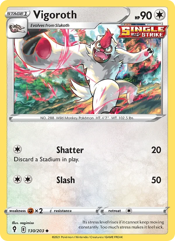Vigoroth 130/203 Evolving Skies Pokémon card, Uncommon, front scan