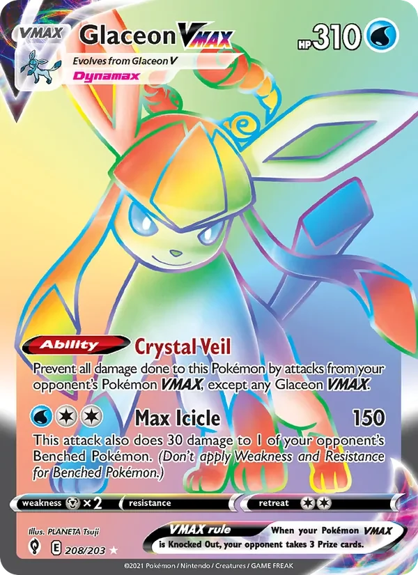 Glaceon VMAX 208/203 Evolving Skies Pokémon card, Secret Rare, front scan