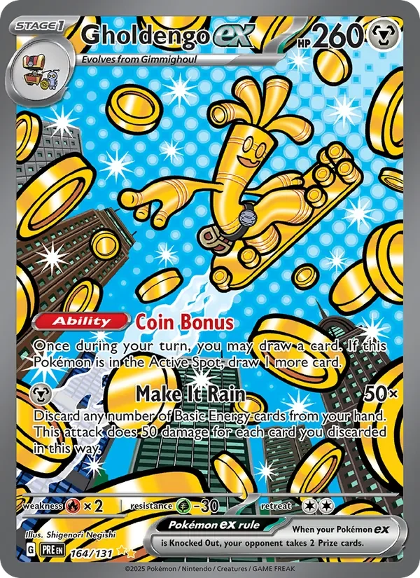 Gholdengo ex 164/131 Prismatic Evolutions Pokémon card, Special Illustration Rare, front scan
