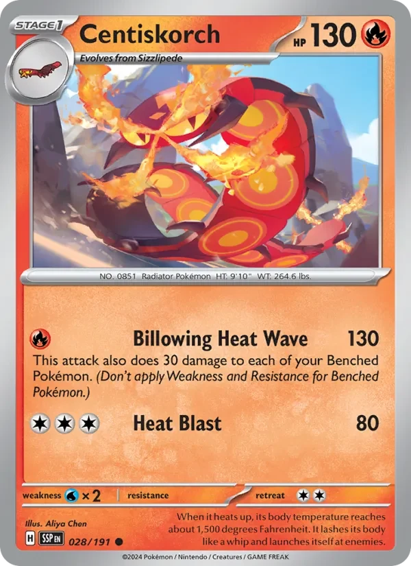Centiskorch 028/191 Surging Sparks Pokémon card, Common, front scan