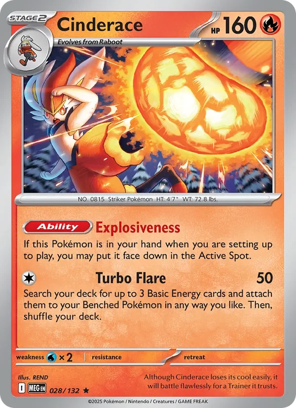 Cinderace 028/132 Mega Evolution Pokémon card, Rare, front scan