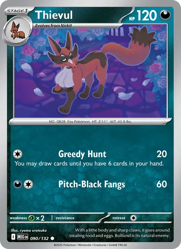 Thievul 090/132 Mega Evolution Pokémon card, Common, front scan