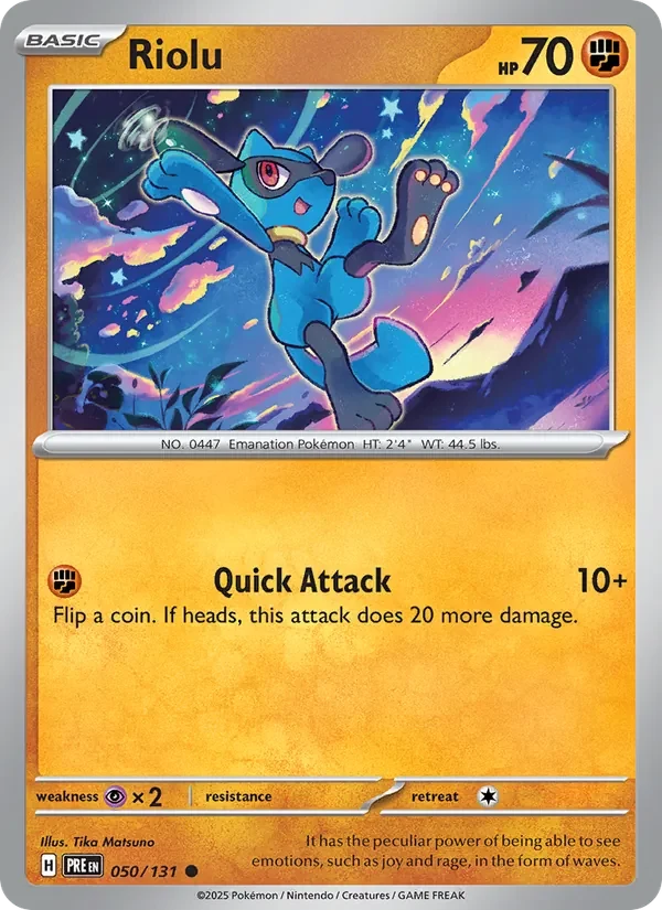 Riolu 050/131 Prismatic Evolutions Pokémon card, Common, front scan
