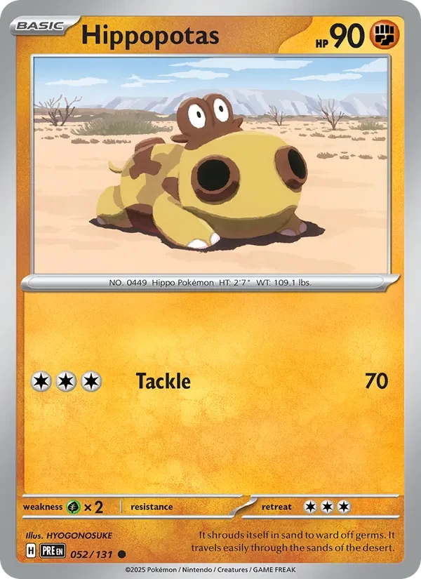Hippopotas 052/131 Prismatic Evolutions Pokémon card, Common, front scan