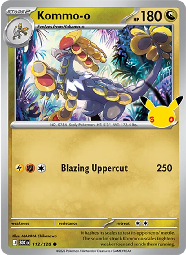 Kommo-o 112/128 30th Celebration Pokémon card, Common, front scan