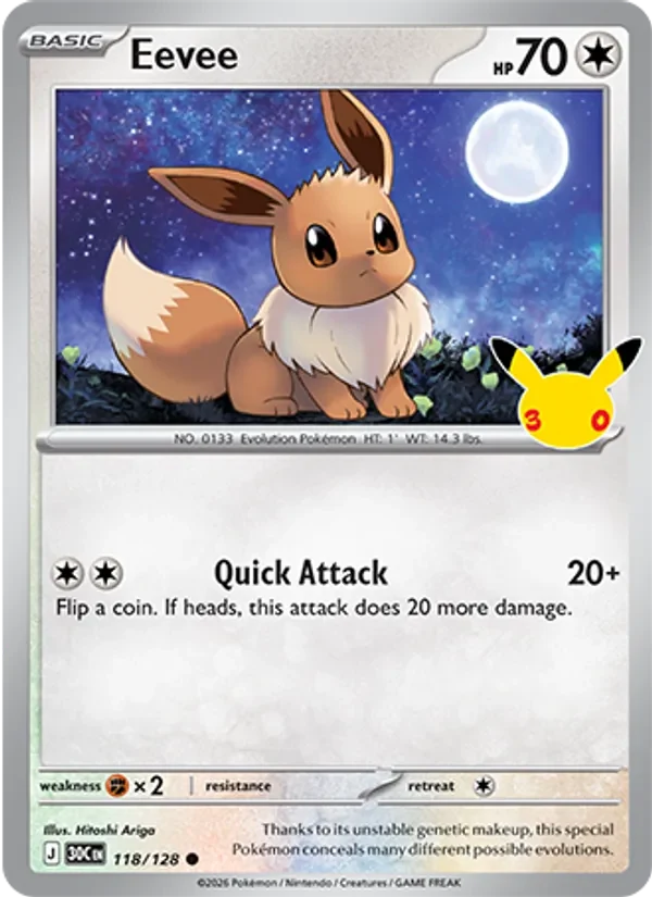 Eevee 118/128 30th Celebration Pokémon card, Common, front scan