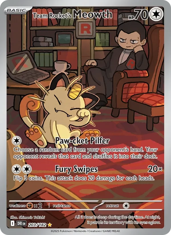 Team Rocket's Meowth 203/182 Destined Rivals Pokémon card, Illustration Rare, front scan