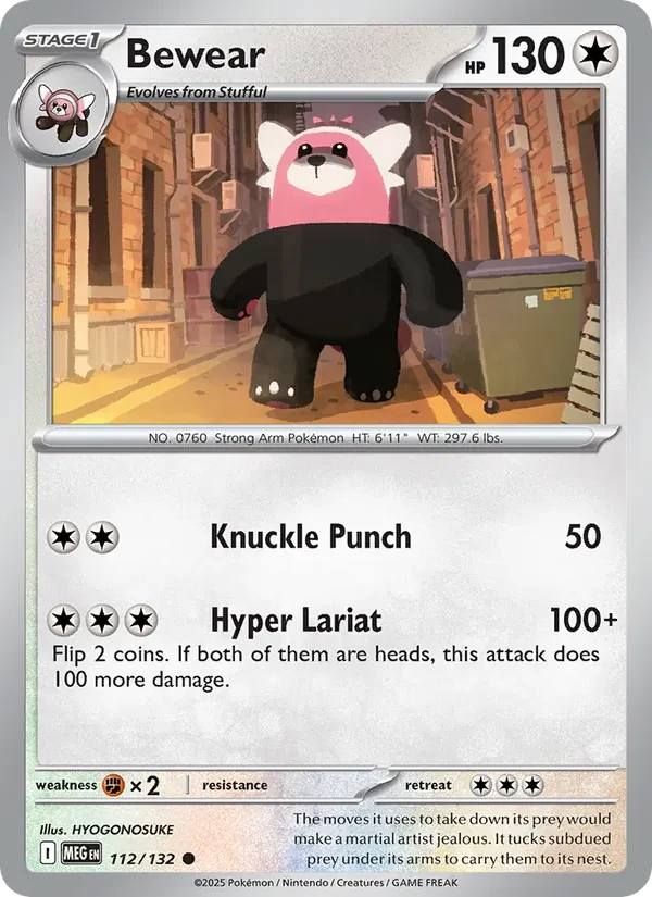 Bewear 112/132 Mega Evolution Pokémon card, Common, front scan