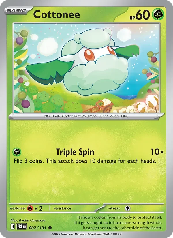 Cottonee 007/131 Prismatic Evolutions Pokémon card, Common, front scan