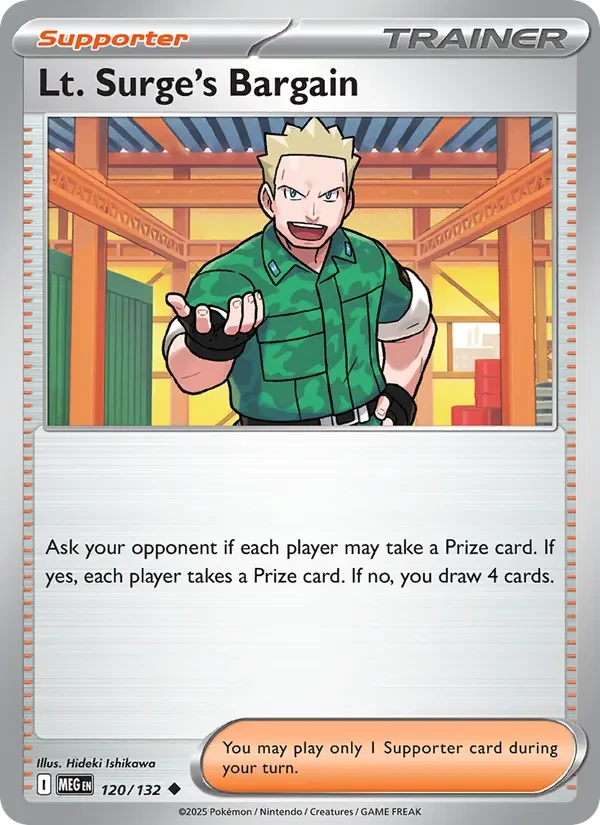 Lt. Surge's Bargain 120/132 Mega Evolution Pokémon card, Uncommon, front scan