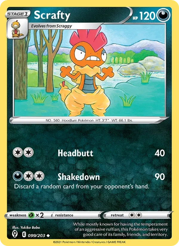 Scrafty 099/203 Evolving Skies Pokémon card, Uncommon, front scan