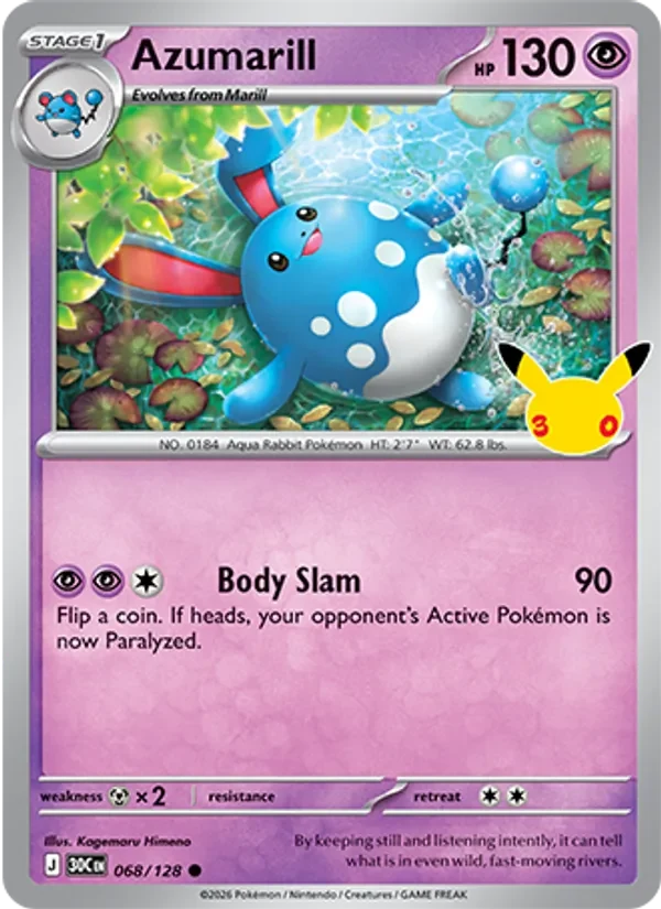 Azumarill 068/128 30th Celebration Pokémon card, Common, front scan