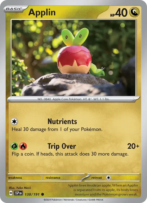 Applin 138/191 Surging Sparks Pokémon card, Common, front scan