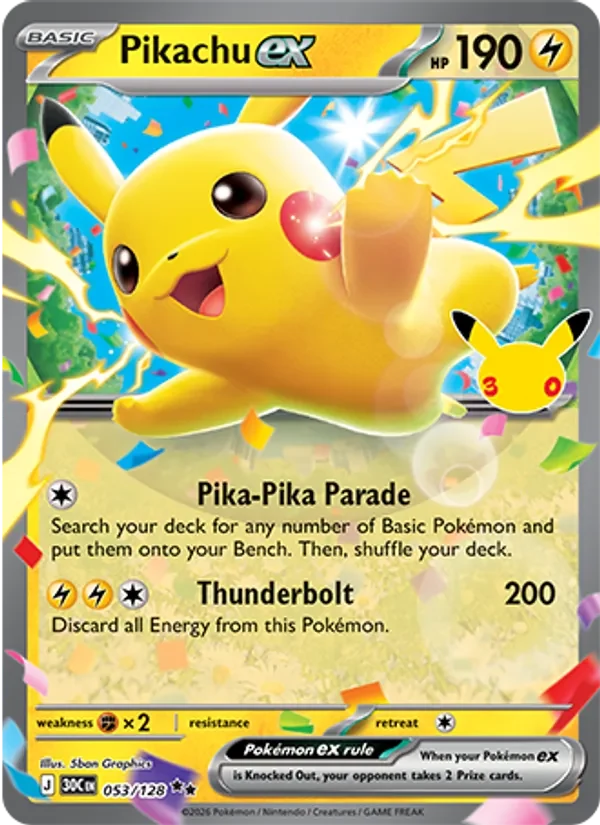 Pikachu ex 053/128 30th Celebration Pokémon card, Double Rare, front scan