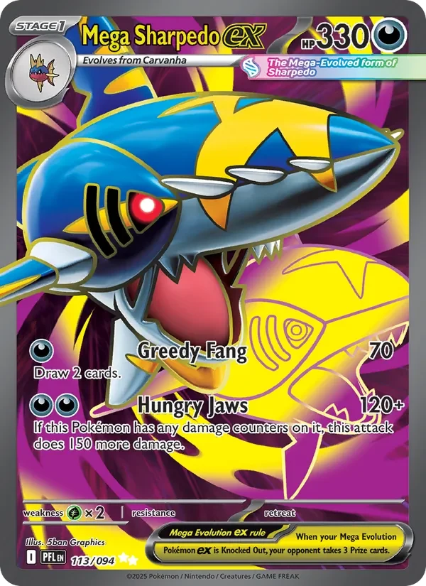 Mega Sharpedo ex 113/094 Phantasmal Flames Pokémon card, Ultra Rare, front scan