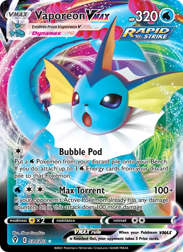 Vaporeon VMAX 030/203 Evolving Skies Pokémon card, Holo Rare Vmax, front scan