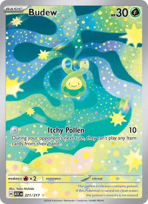 Budew 221/217 Ascended Heroes Pokémon card, Illustration Rare, front scan