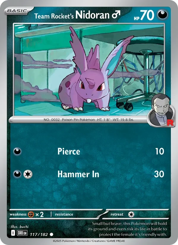 Team Rocket's Nidoran♂ 117/182 Destined Rivals Pokémon card, Common, front scan