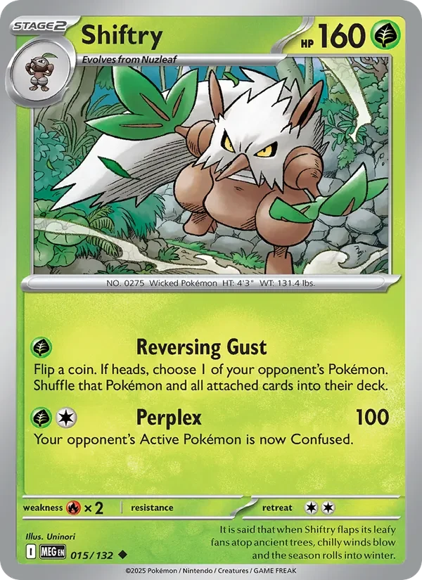 Shiftry 015/132 Mega Evolution Pokémon card, Uncommon, front scan