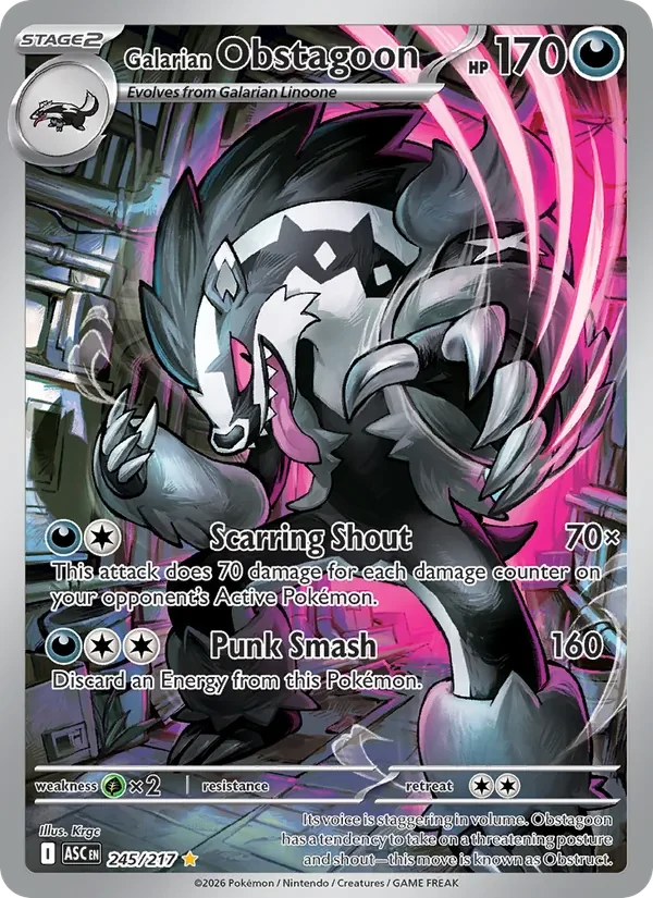 Galarian Obstagoon 245/217 Ascended Heroes Pokémon card, Illustration Rare, front scan