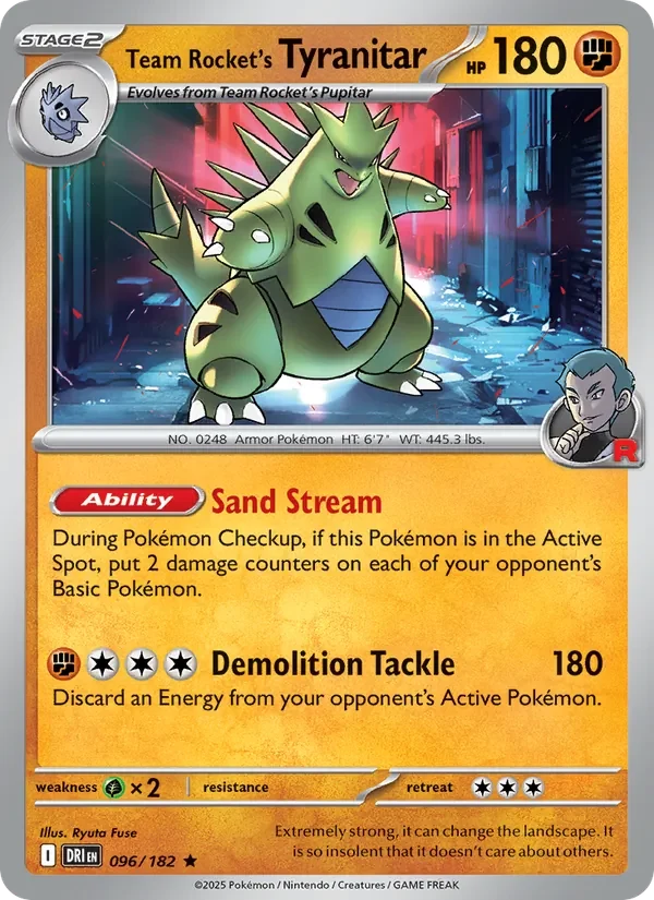 Team Rocket's Tyranitar 096/182 Destined Rivals Pokémon card, Rare, front scan