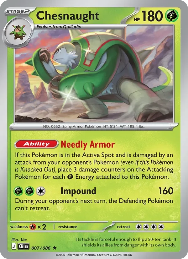 Chesnaught 007/086 Chaos Rising Pokémon card, Rare, front scan