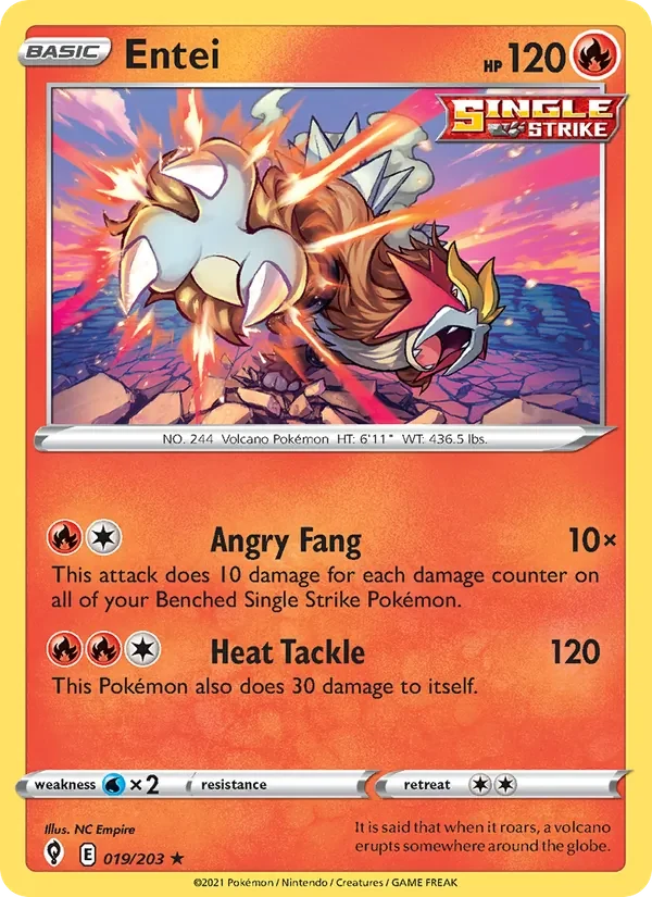Entei 019/203 Evolving Skies Pokémon card, Holo Rare, front scan