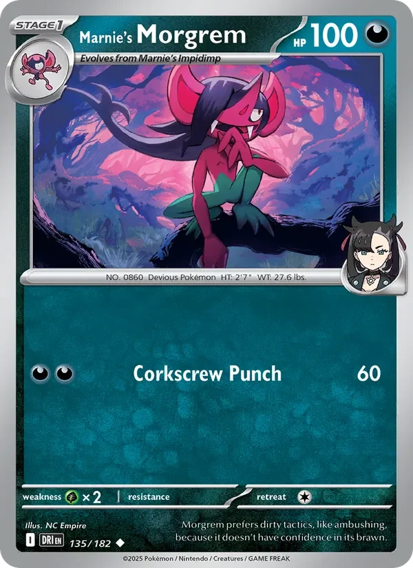 Marnie's Morgrem 135/182 Destined Rivals Pokémon card, Uncommon, front scan