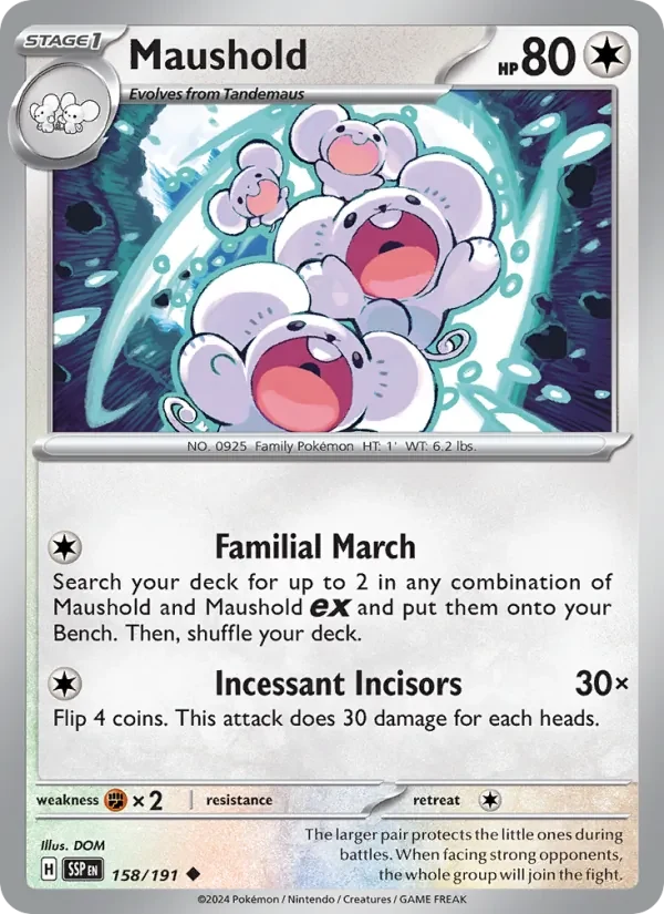 Maushold 158/191 Surging Sparks Pokémon card, Uncommon, front scan
