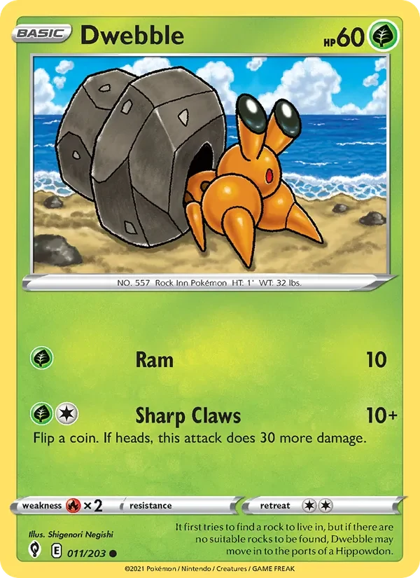 Dwebble 011/203 Evolving Skies Pokémon card, Common, front scan