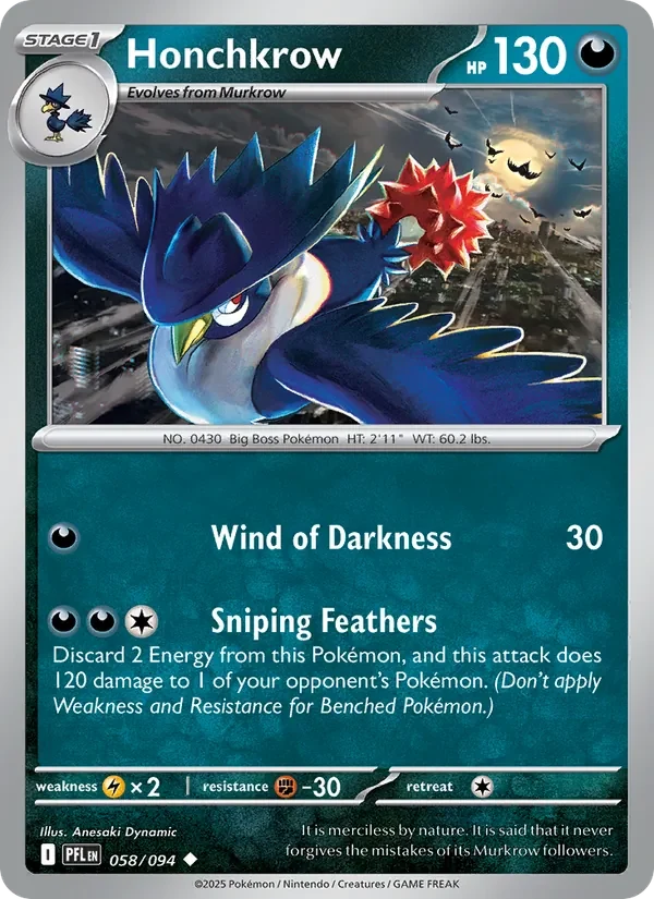 Honchkrow 058/094 Phantasmal Flames Pokémon card, Uncommon, front scan