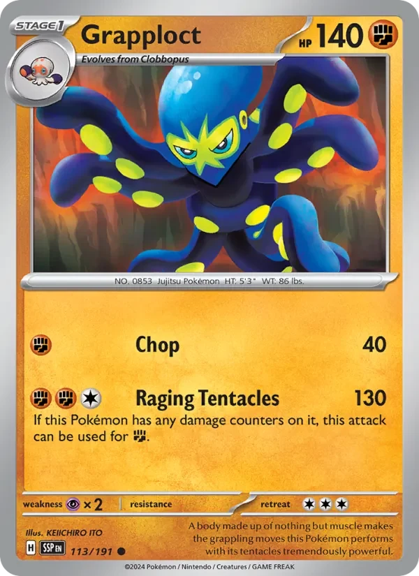 Grapploct 113/191 Surging Sparks Pokémon card, Common, front scan