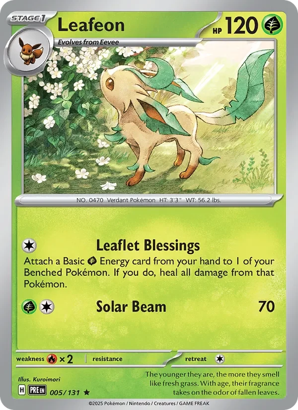 Leafeon 005/131 Prismatic Evolutions Pokémon card, Rare, front scan