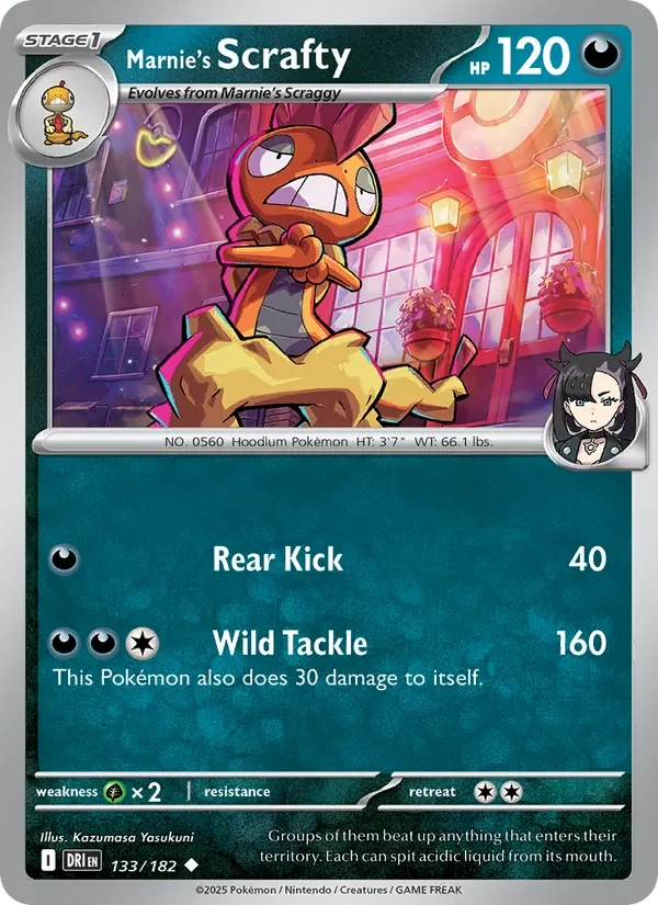 Marnie's Scrafty 133/182 Destined Rivals Pokémon card, Uncommon, front scan