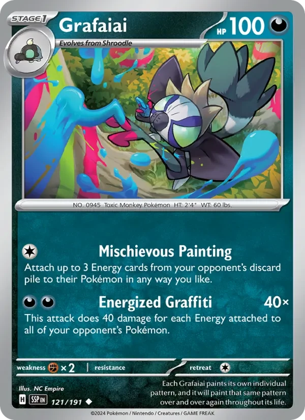 Grafaiai 121/191 Surging Sparks Pokémon card, Uncommon, front scan
