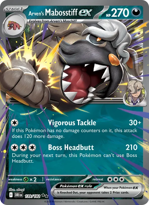 Arven's Mabosstiff ex 139/182 Destined Rivals Pokémon card, Double Rare, front scan