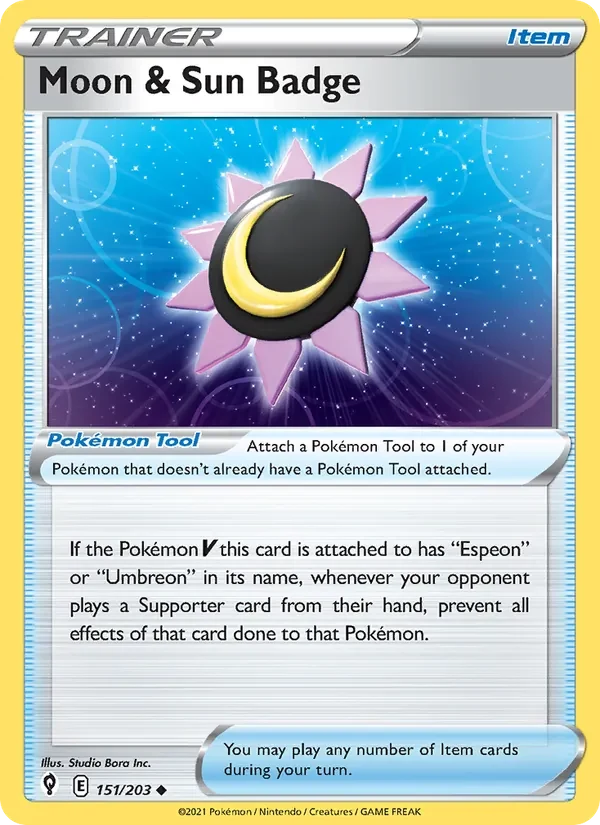 Moon & Sun Badge 151/203 Evolving Skies Pokémon card, Uncommon, front scan