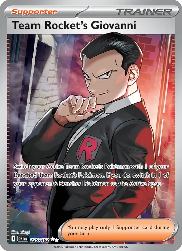 Team Rocket's Giovanni 225/182 Destined Rivals Pokémon card, Ultra Rare, front scan