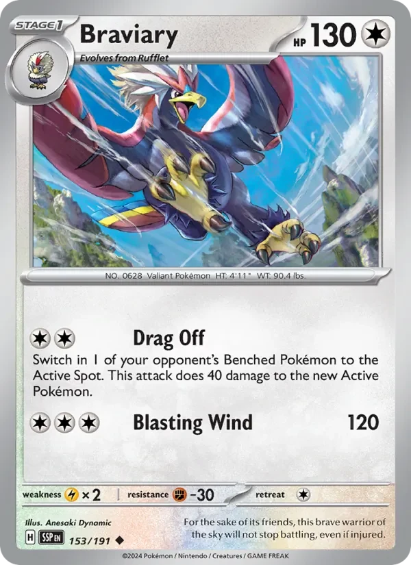 Braviary 153/191 Surging Sparks Pokémon card, Uncommon, front scan
