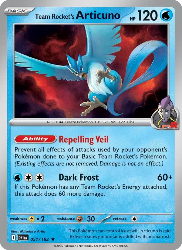 Team Rocket's Articuno 051/182 Destined Rivals Pokémon card, Rare, front scan