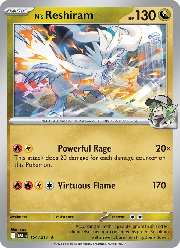 N's Reshiram 154/217 Ascended Heroes Pokémon card, Rare, front scan
