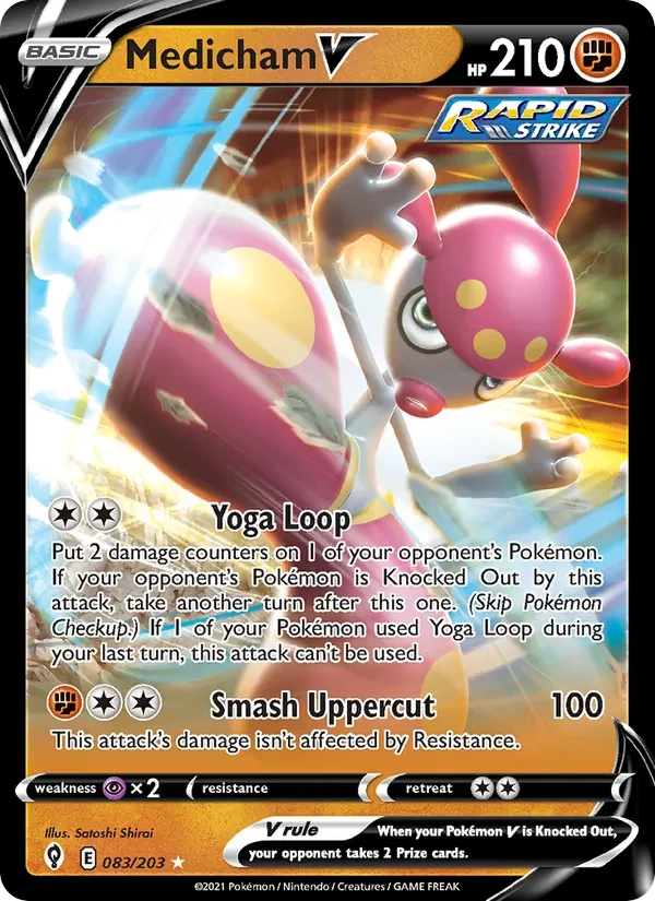Medicham V 083/203 Evolving Skies Pokémon card, Holo Rare V, front scan