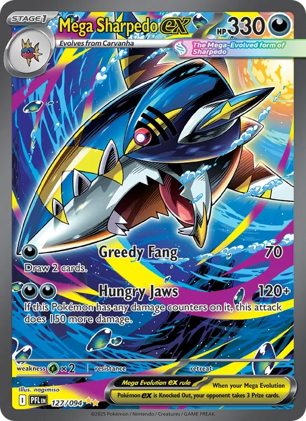 Mega Sharpedo ex 127/094 Phantasmal Flames Pokémon card, Special Illustration Rare, front scan