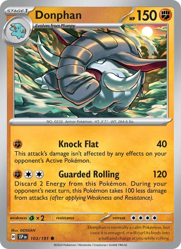 Donphan 103/191 Surging Sparks Pokémon card, Common, front scan