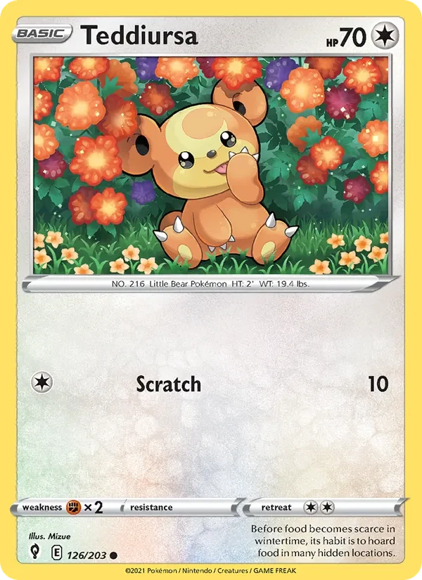 Teddiursa 126/203 Evolving Skies Pokémon card, Common, front scan