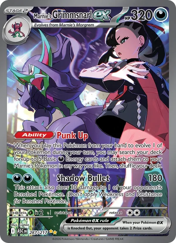 Marnie's Grimmsnarl ex 287/217 Ascended Heroes Pokémon card, Special Illustration Rare, front scan